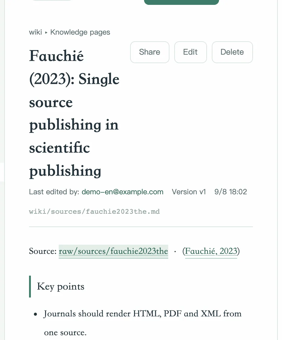 Wiki-Seite mit dem Zitat [@fauchie2023the], dargestellt als (Fauchié, 2023), und automatisch erstelltem Literaturverzeichnis.